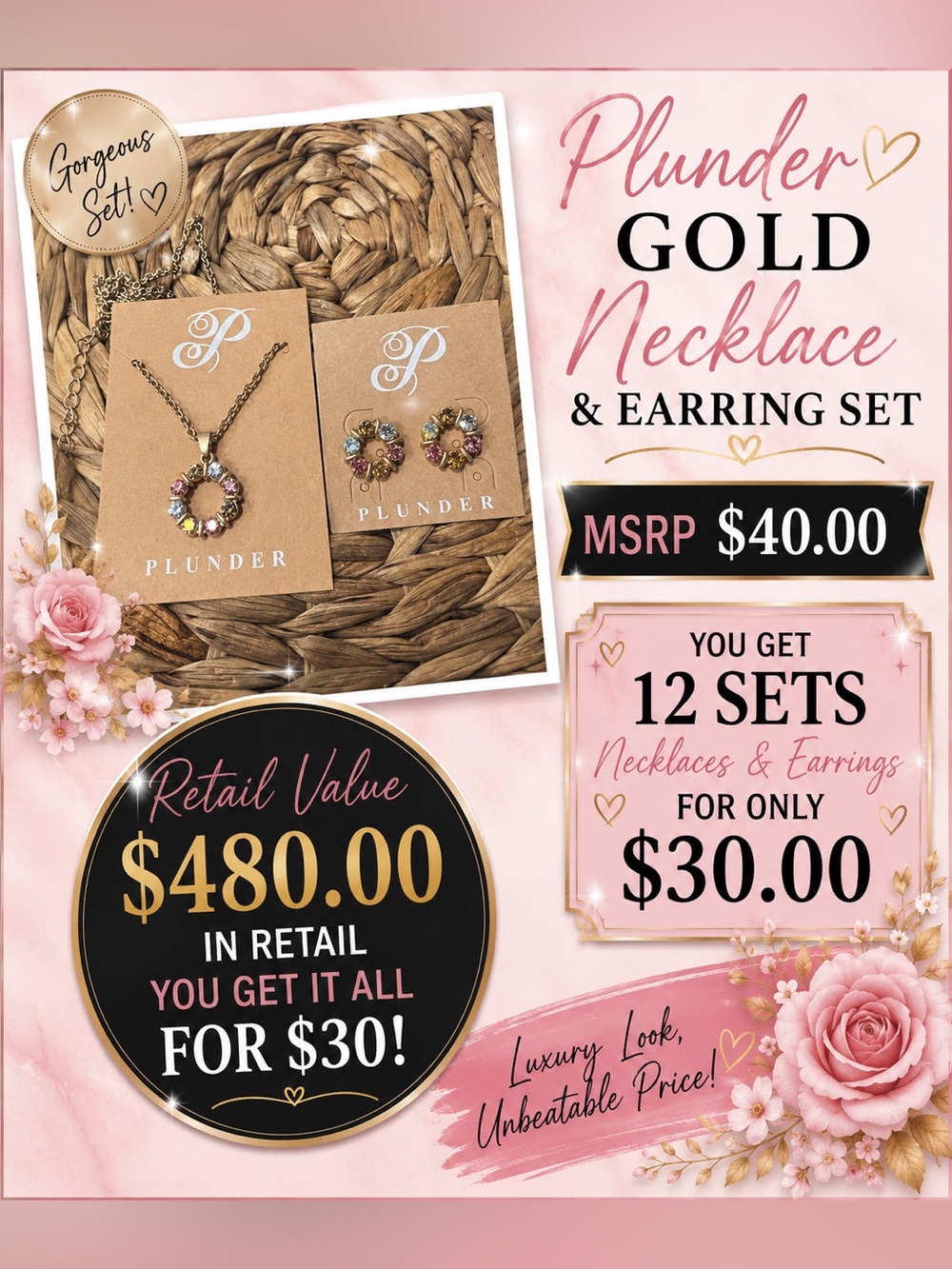 Plunder Gold Floral Multicolor Stone Necklace and Earring Set